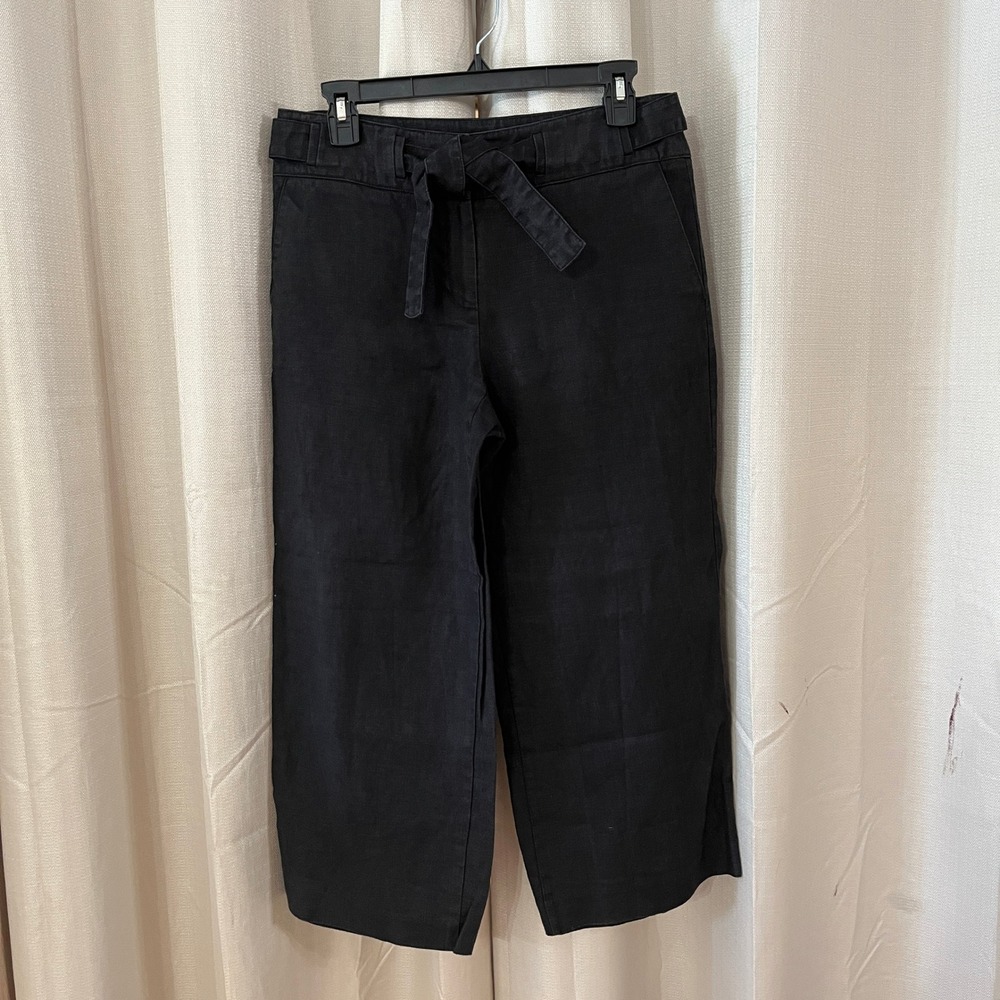 Talbots Wide Leg Crop Pants Women 8 Black Linen High Rise Tie Waist Coastal Chic